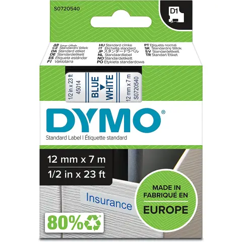 Taśma Dymo D1 45014 Biała / Niebieski nadruk - 12mm/7m (Oryginalna)